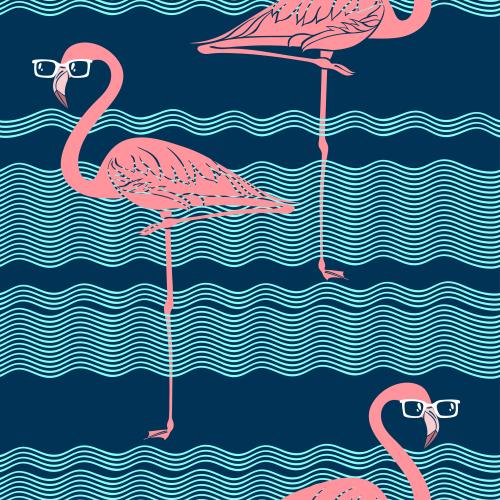 Vector image flamingo in sunglasses, blue waves on blue