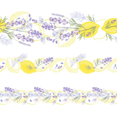 Lemon. Vector three decorative borders with lemons and lavender on white
