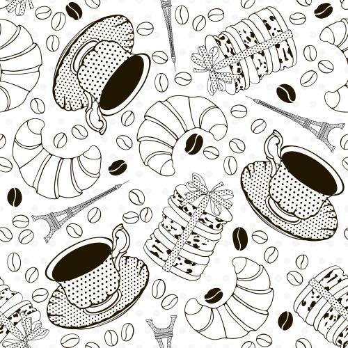 Eiffel tower. Vector coffee cups, croissants, macarons, and the eiffel tower on white