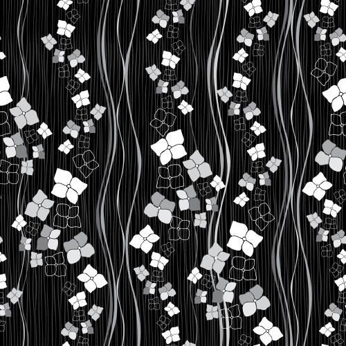 Vector image monochrome silhouettes and contours of flower motifs, straight and wavy vertical lines on black