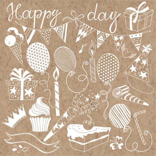 Candle. Vector holiday-themed white graphic elements, 'happy day' inscription on craft paper