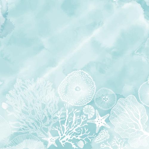Vector image sea stars, shells, nautilus, underwater creatures, corals, place for text on blue watercolor