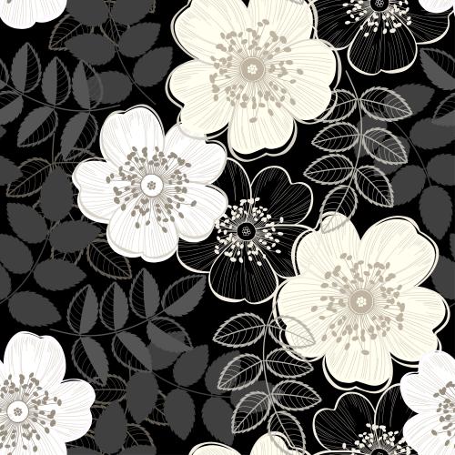 Rosehip. Vector rosehip, flowers and leaves on black