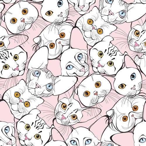 Vector image cute cat faces of different breeds on soft-pink