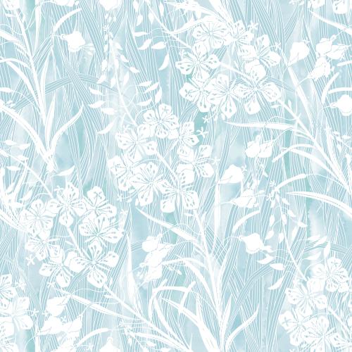 Vector image mallow, ivan's tea, grass, white silhouettes and contours on a blue watercolor