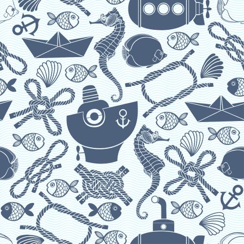 Stripe. Vector cartoonish blue silhouettes and outlines on a nautical theme on blue waves