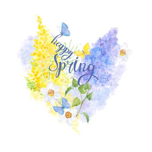 Illustration heart made of watercolor flowers lilac mimosa daffodils butterflies and the inscription happy spring on white