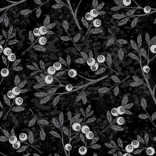 Berry. Vector monochrome blueberry branches with berries on textured black