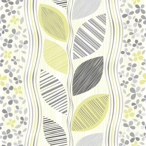 Vector image abstract striped leaves small flowers vertical wavy and straight stripes gray and olive tones