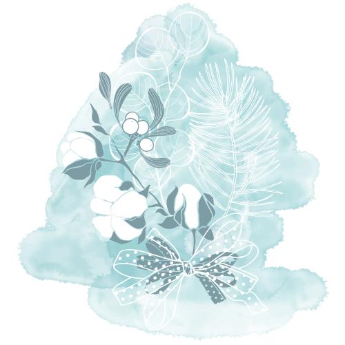 Eucalyptus. Vector bouquet of cotton branches, eucalyptus, pine, mistletoe with a bow on a blue watercolor