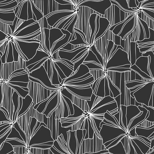 Illustration decorative flowers, white outlines on black in white stripes