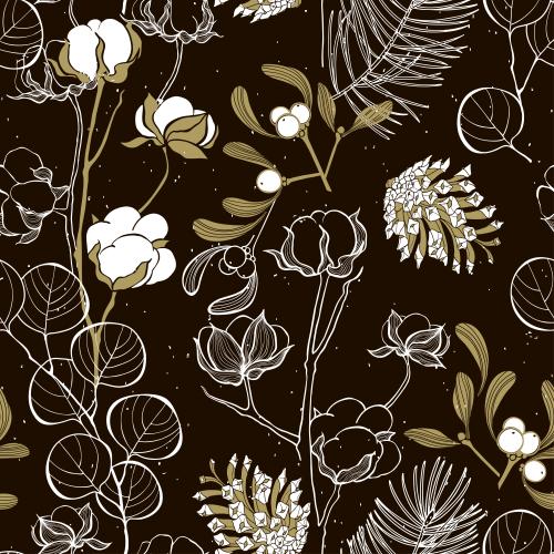 Eucalyptus. Vector cotton branches eucalyptus pine cones and mistletoe on dark