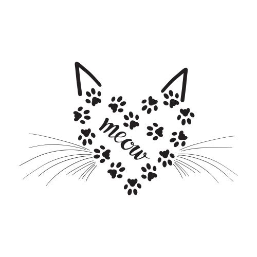 Vector image cat footprint heart with meow message ears and whiskers on white