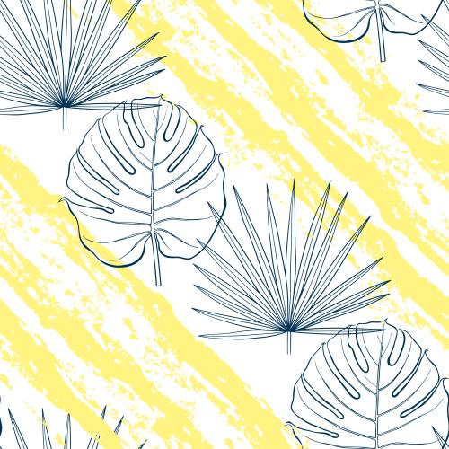 Illustration palm leaves and monsters diagonal yellow textured stripes on white