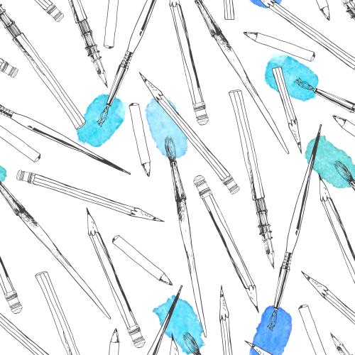 Illustration pencils and brushes, colorful watercolor spots on white