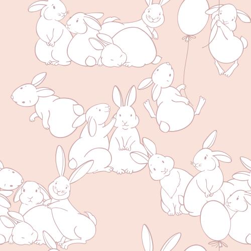 Illustration company of cute white bunnies on delicate peach