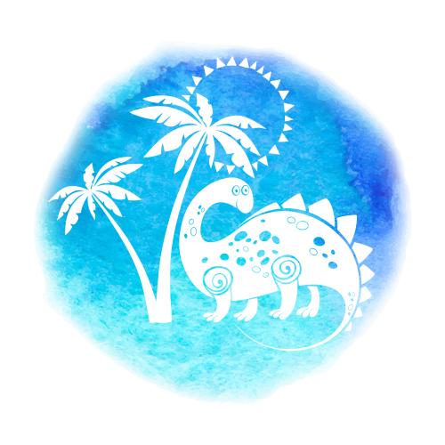 Watercolor. Vector cute cartoon dinosaur under a palm on a blue-green watercolor