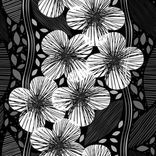 Vector image white decorative flower silhouettes, striped leaves, vertical wavy lines on black