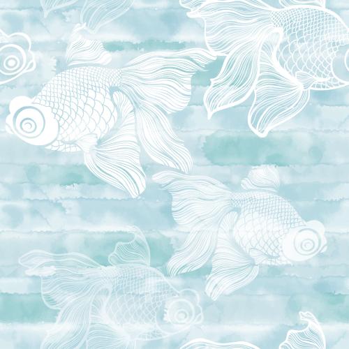 Illustration golden fish white silhouettes and contours on blue watercolor
