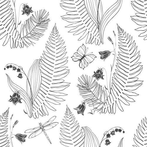 Forest. Vector lily of the valley, bells, fern leaves, coniferous branches, butterflies, dragonfly on white