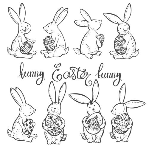 Vector image cartoon rabbits with easter eggs, easter text on white