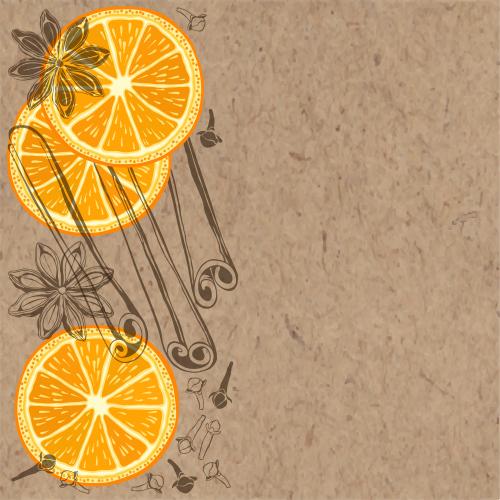 Spice. Vector colorful orange slices, outline design of spices and a place for text on craft paper