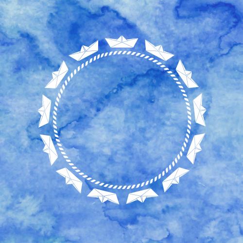Paper boat. Vector round frame with marine rope and paper ships, place for text on blue watercolor
