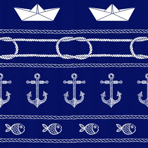 Stripe. Vector ropes with sea knots fish anchors paper boats on blue waves