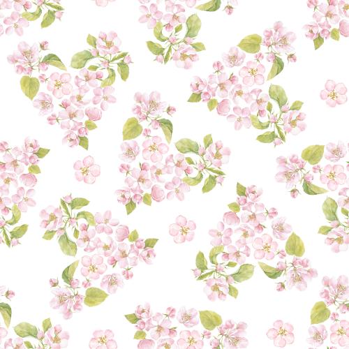 Raster image watercolor flowers and apple leaves in the shape of a heart on white