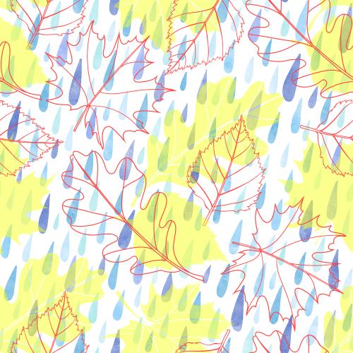 Raster image oak, maple, birch leaves and watercolor raindrops on white