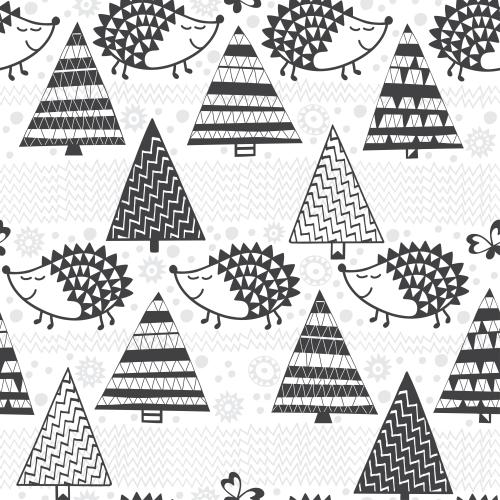 Grass. Vector cartoonish hedgehogs and fir trees on grass
