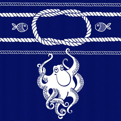 Octopus. Vector marine ropes and knots, fish and cartoon octopus on blue waves