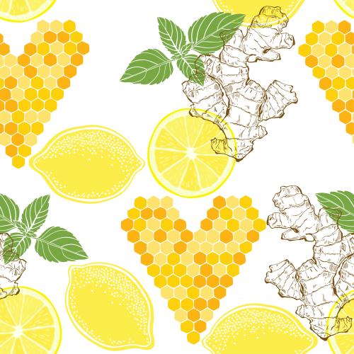 Mint. Vector honeycomb hearts lemons ginger and mint on white