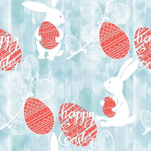 Vector image cartoon rabbits with easter eggs willow branches eggs and happy easter inscriptions on a blue watercolor