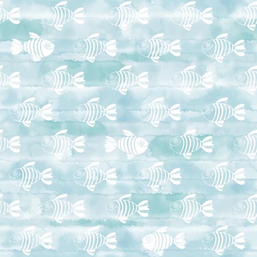 Illustration cartoon fish, white contours and silhouettes on blue watercolor