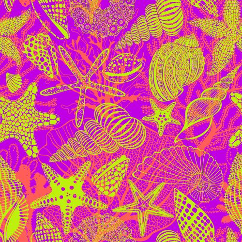 Illustration sea stars, shells, nautilus, sea urchin, corals, algae, bright silhouettes and outlines on pink-lavender