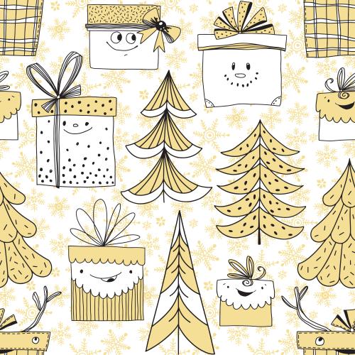 Gift. Vector Pattern cartoon-style gift boxes, stylized christmas trees and snowflakes on white