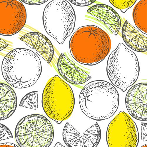 Vector image oranges and lemons slices and whole fruits decorative colored spots and stripes on white