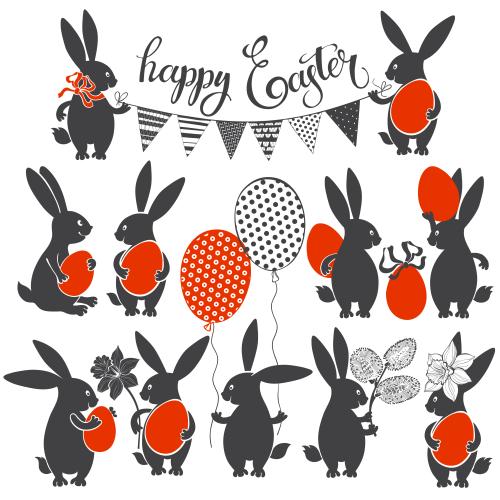 Paskhalia. Vector cute rabbits with red easter eggs, daffodils, willow, balloons, garland, "happy easter" on white