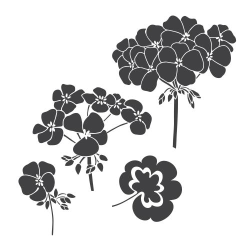 Geranium. Vector geranium flowers and leaf, black silhouettes on white