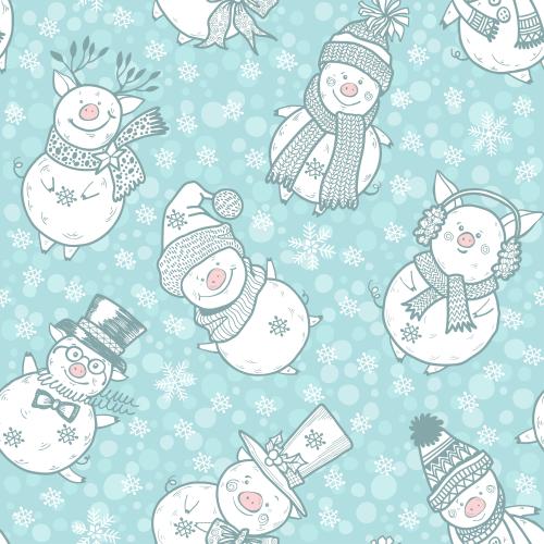 Pig. Vector cartoon pigs in hats and scarves snowflakes on checkered blue