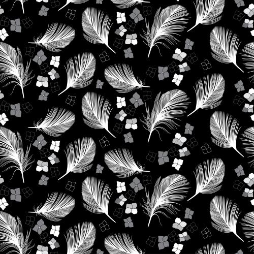 Feather. Vector white feathers and monochrome flowers on black