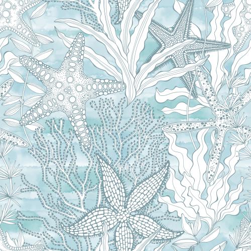 Illustration sea stars corals algae on a blue watercolor