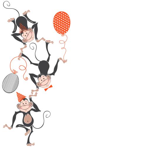 Balloon. Vector three happy monkeys with balloons, space for text on white