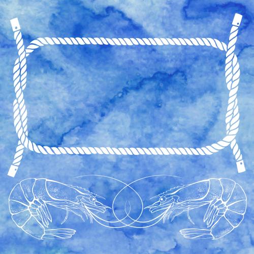 Shrimp. Vector rectangular frame with marine rope and shrimp on blue watercolor