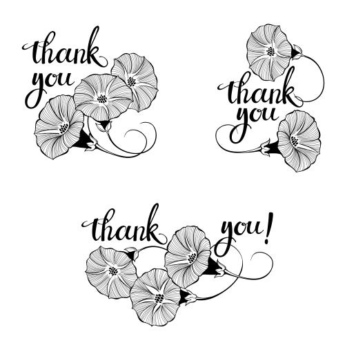 Bindweed. Vector flower arrangements with morning glories and a thank you inscription on white