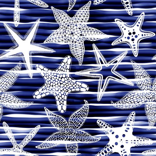 Raster image white silhouettes of marine stars on blue watercolor stripes
