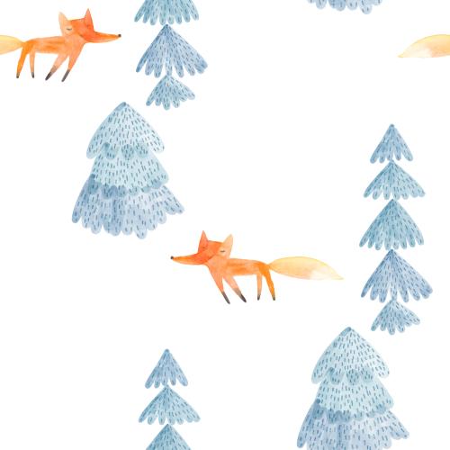 Fox. Vector watercolor fir trees and foxes on white