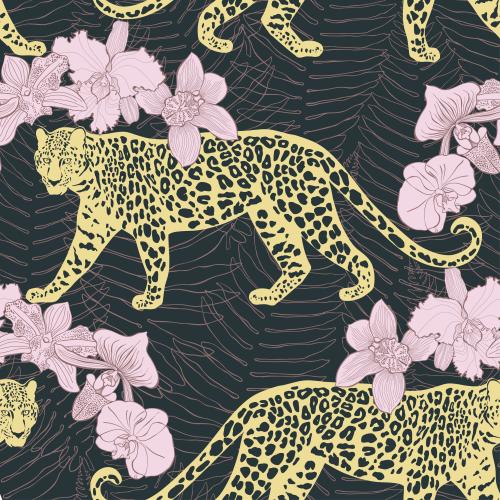 Fern. Vector leopards, orchids and fern leaves on black