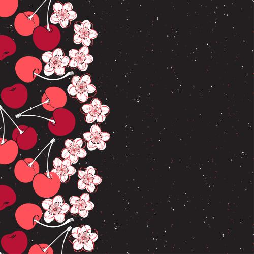 Cherry. Vector cherry berries and flowers place for text on black